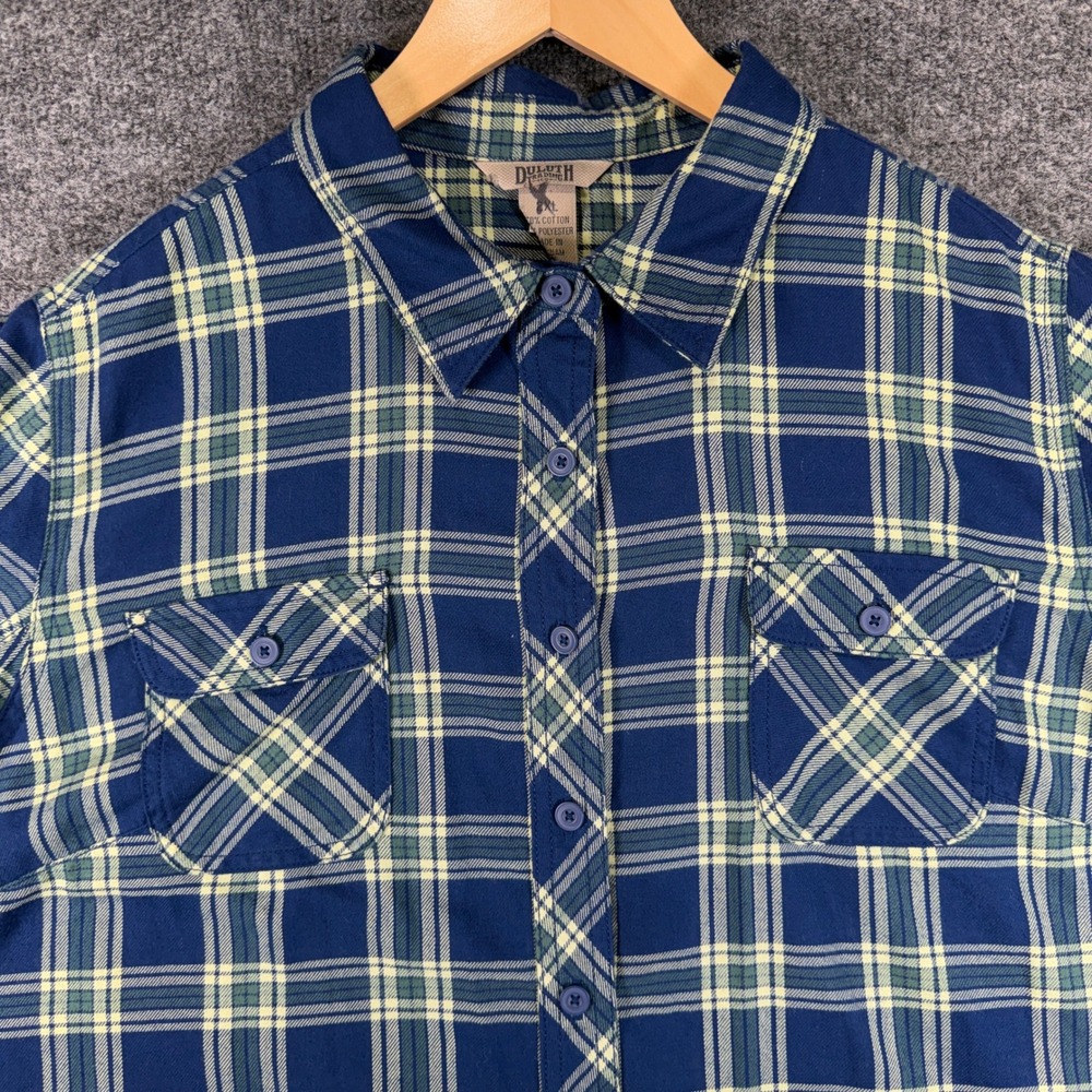 Duluth Trading Flannel Shirt Men 2XL Blue Yellow Plaid Chest Pockets Lightweight